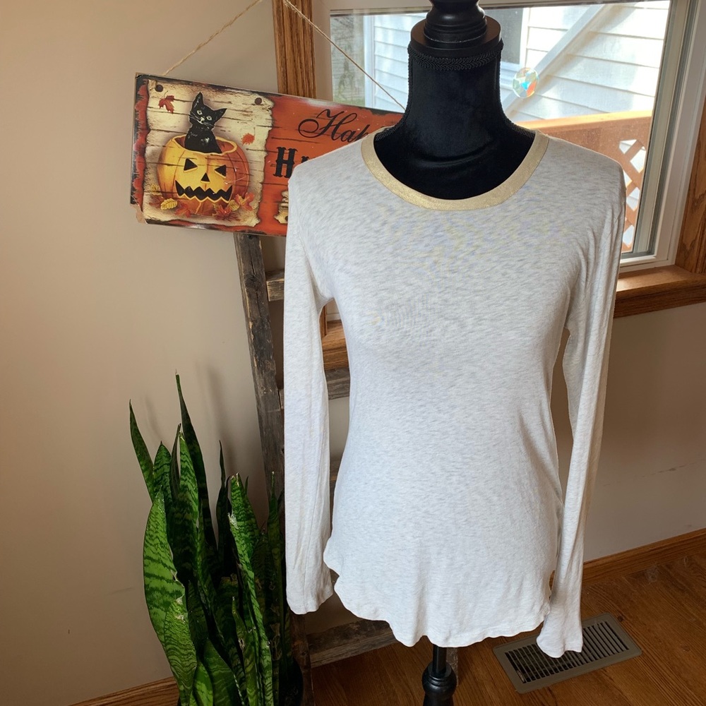 JCrew grey long sleeve tee with a gold band neck